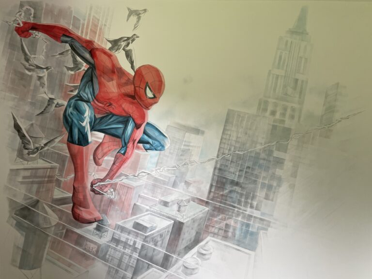 Mural w pokoju dzieciecym przedstawiajaca postac z kreskowki Spider Man. Waek